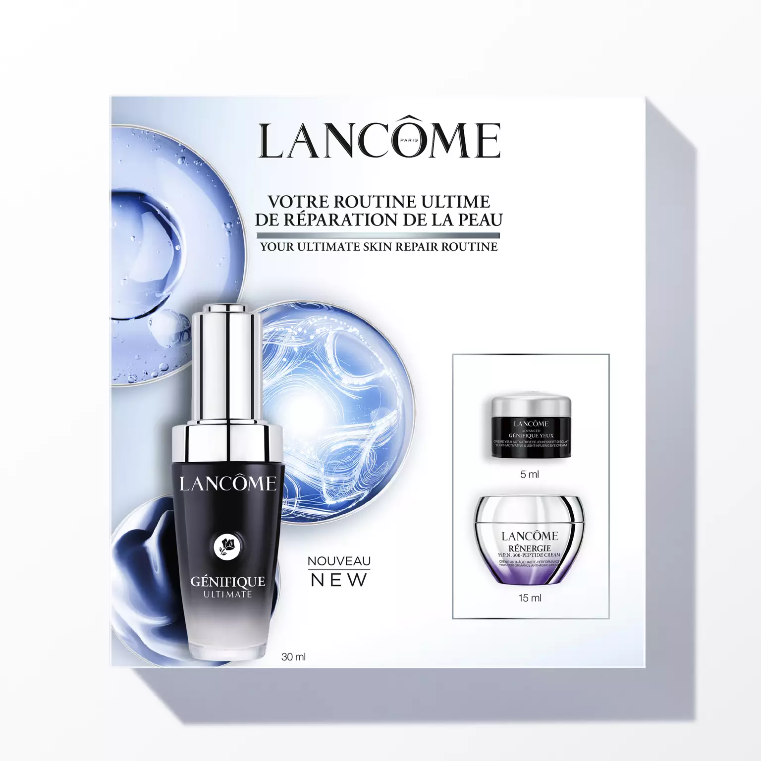 KIT ROTINA GÉNIFIQUE ULTIMATE 30 ML + GÉNIFIQUE YEUX 5 ML + RÉNERGIE HPN 300 PEPTÍDEOS 15 ML